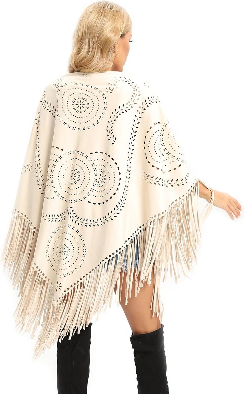 Datangep Store Fashion Women's Faux Suede Laser Cut Triangle Stoles Cape Shrug Scarf With Tassel Shawls - Image 2